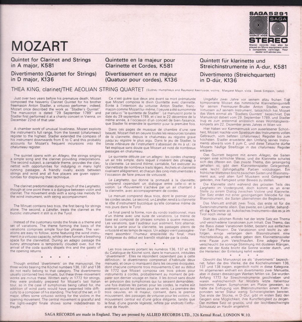 Thea King / Aeolian String Quartet - Mozart - Quintet For Clarinet & Strings In A Major, K581, Divertimento In D, K136 - Lp