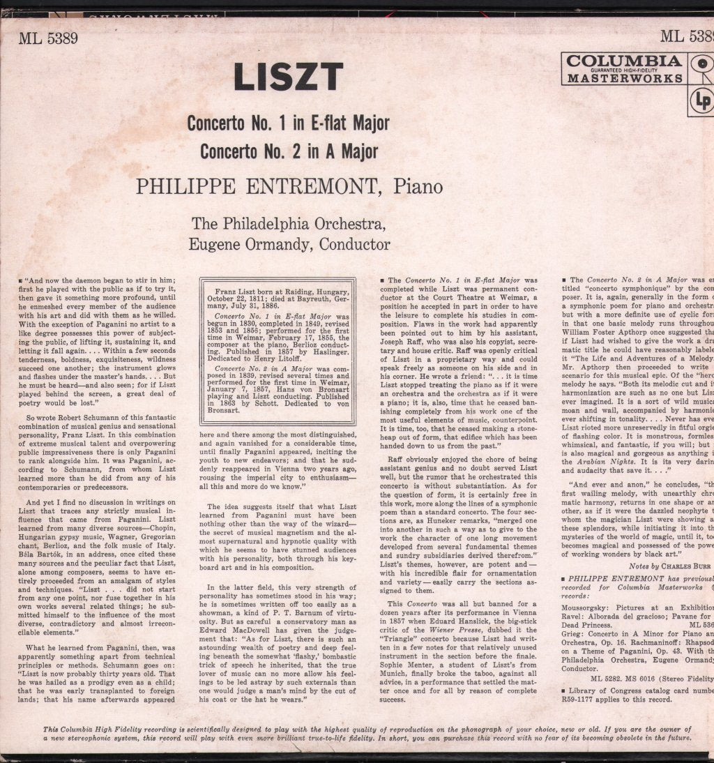 Philippe Entremont / Eugene Ormandy / Philadelphia Orchestra - Liszt - Concertos Nos. 1 And 2 - Lp