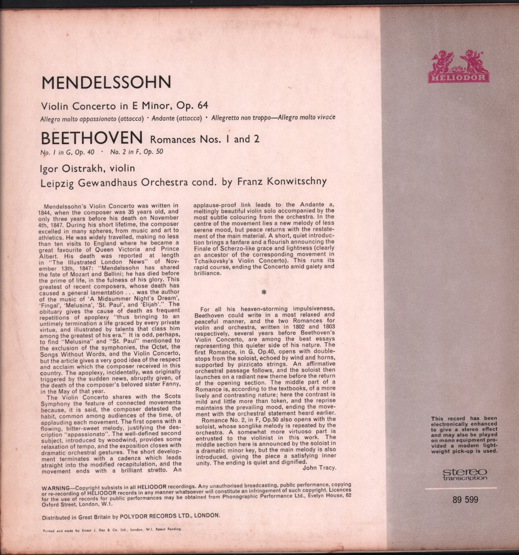 Igor Oistrakh / Leipzig Gewandhaus Orchestra / Franz Konwitschny - Mendelssohn - Violin Concerto In E Minor / Beethoven - Romances Nos. 1 And 2 - Lp