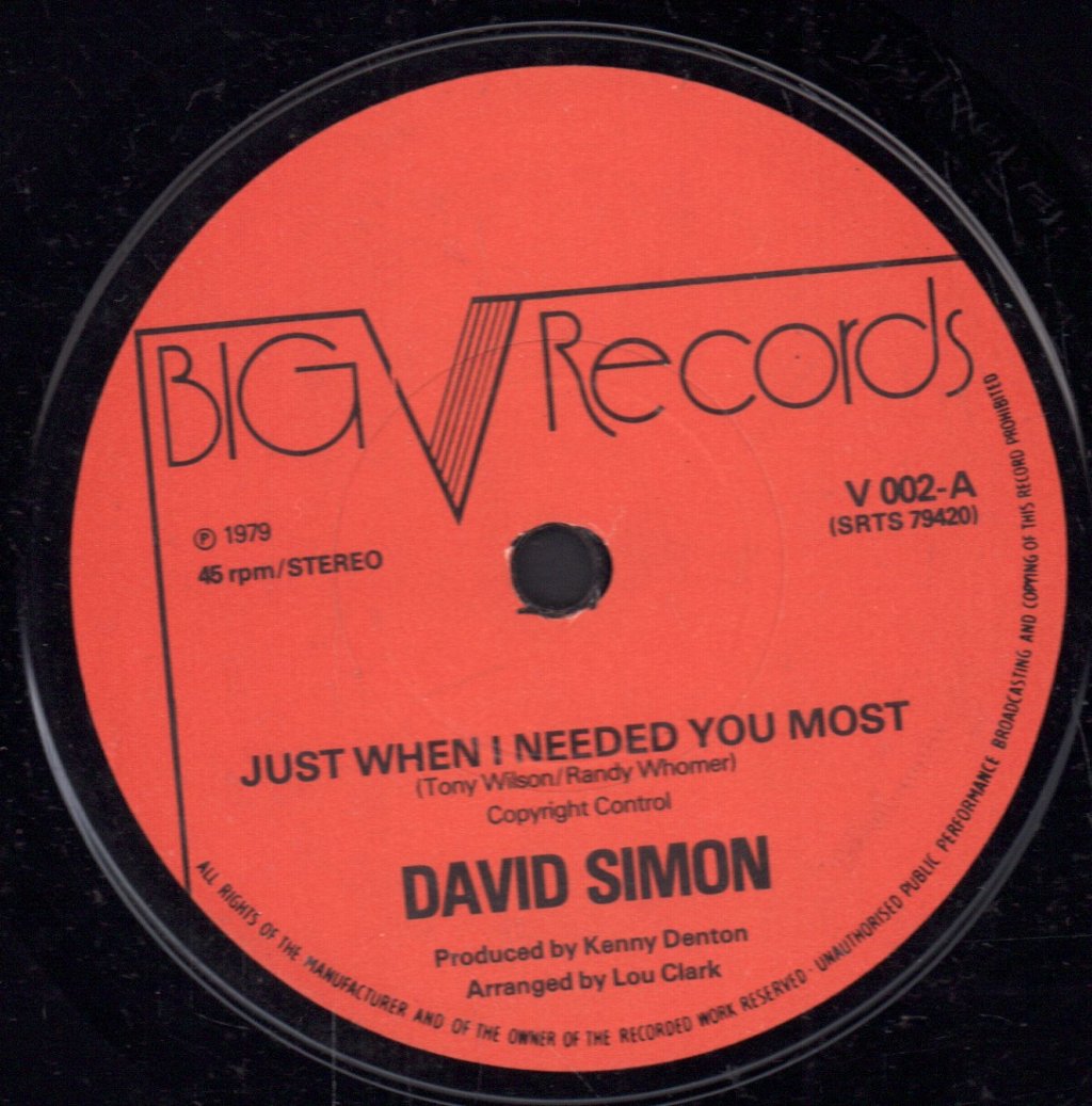 David Simon - Just When I Needed You Most - 7 Inch