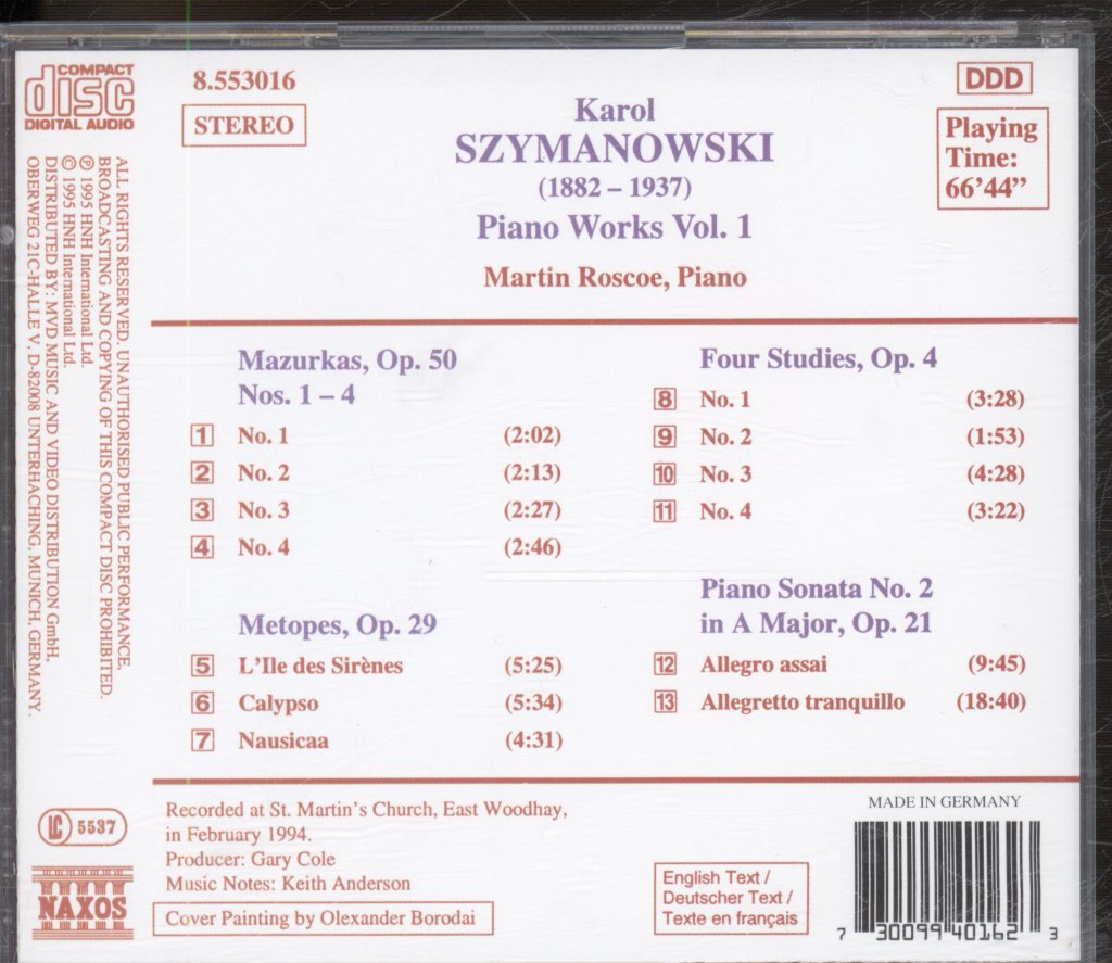 Martin Roscoe - Karol SZymanowski - Piano Works Vol. 1 (Piano Sonata No. 2, Op. 21 / Mazurka, Op. 50 • Metopes, Op. 29 / Four Studies, Op. 4) - Cd