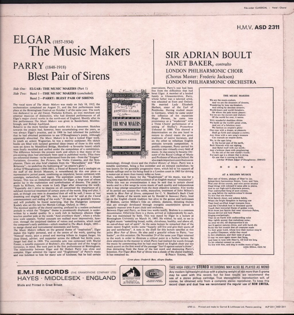 Sir Adrian Boult / Janet Baker / London Philharmonic - Elgar - Music Makers / Parry - Blest Pair Of Sirens - Lp