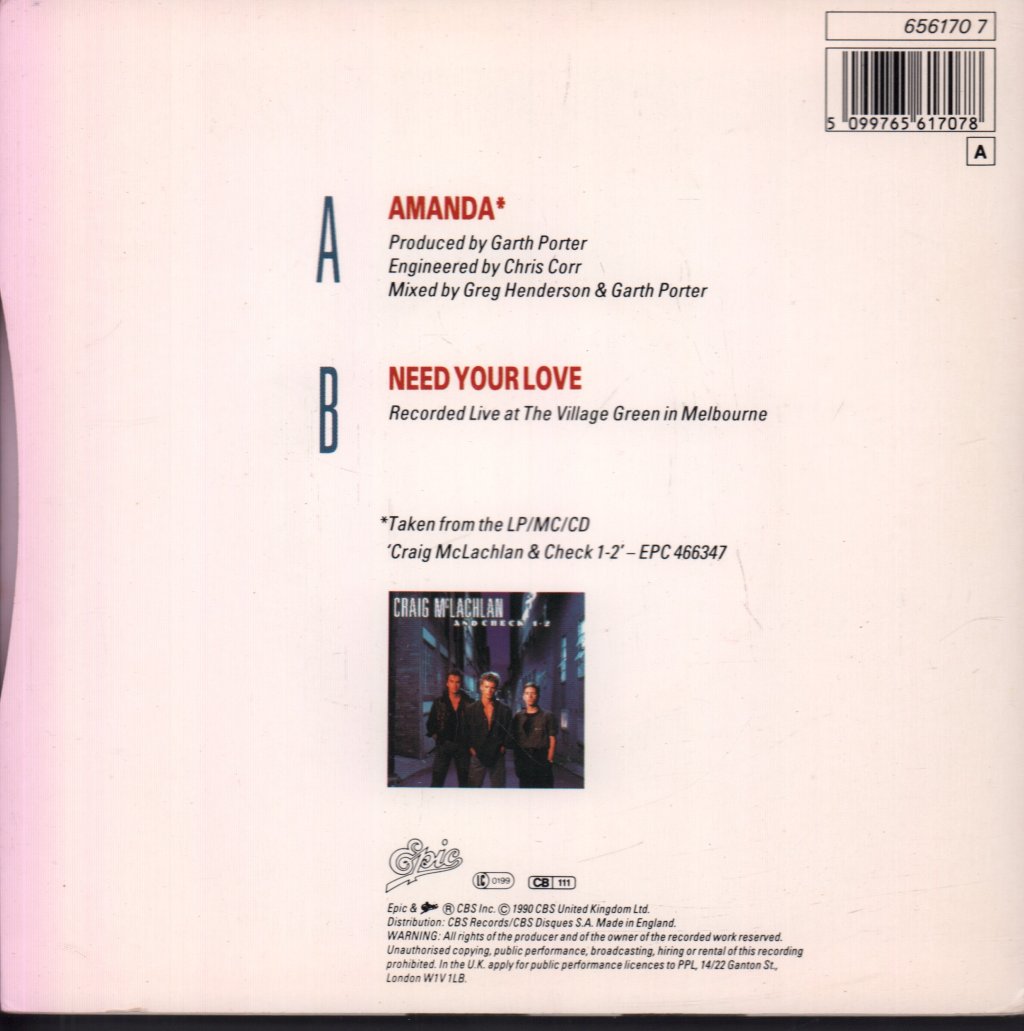 Craig Mclachlan And Check 1-2 - Amanda - 7 Inch