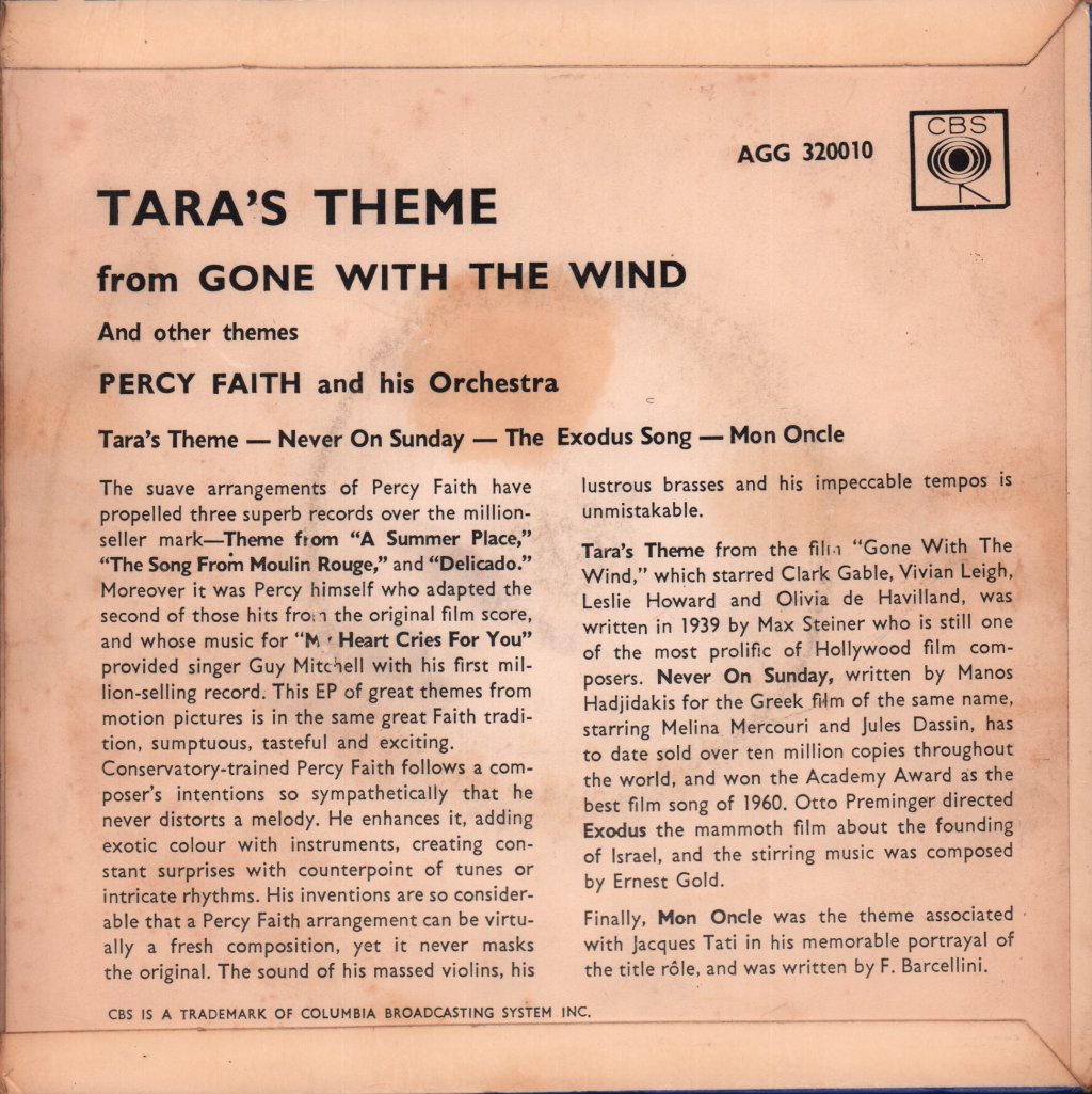 Percy Faith And His Orchestra - Tara's Theme From Gone With The Wind And Other Themes - 7 Inch