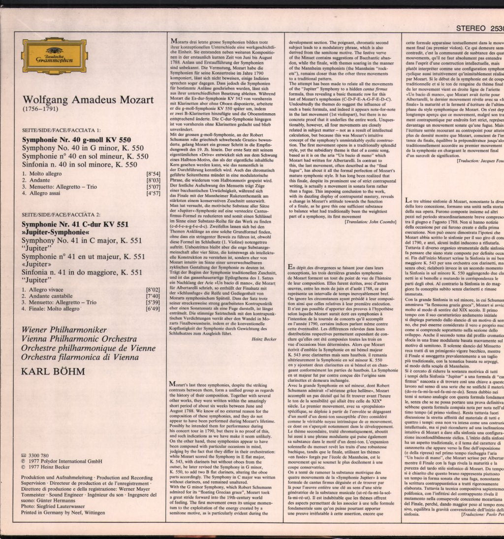 Karl Bohm / Vienna Philharmonic Orchestra - Wolfgang Amadeus Mozart - Symphonies No. 40 / No. 41 "Jupiter" - Lp