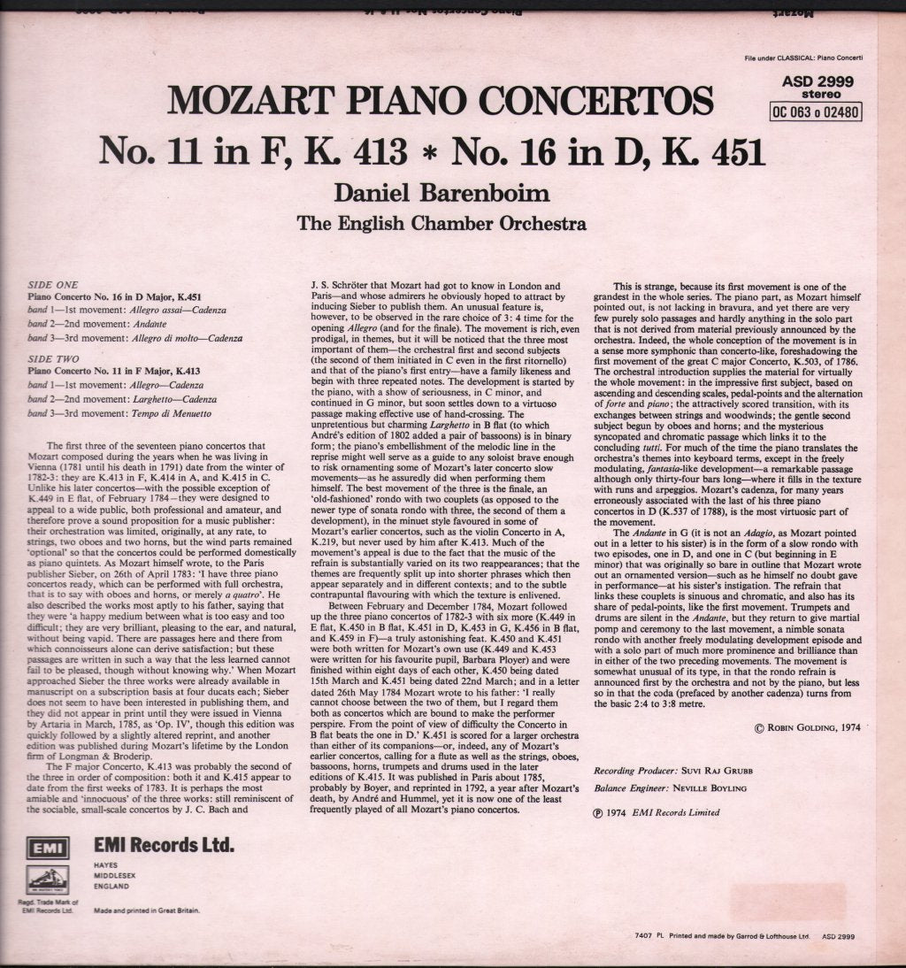Daniel Barenboim / English Chamber Orchestra - Mozart - Piano Concertos No. 11 In F, K.413 / No. 16 In D, K.451 - Lp