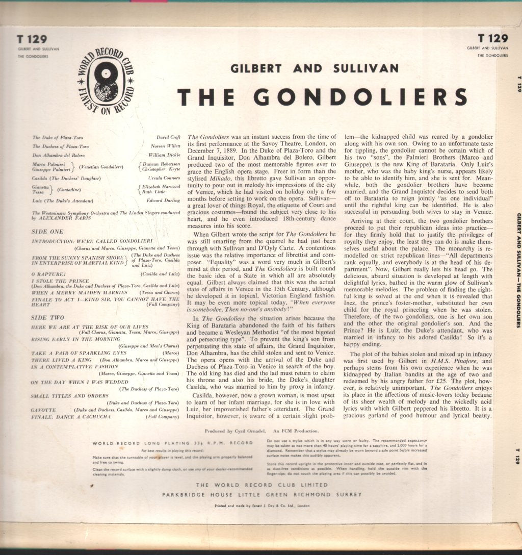 Westminster Symphony Orchestra / Alexander Faris - Gilbert & Sullivan - Gondoliers - Lp