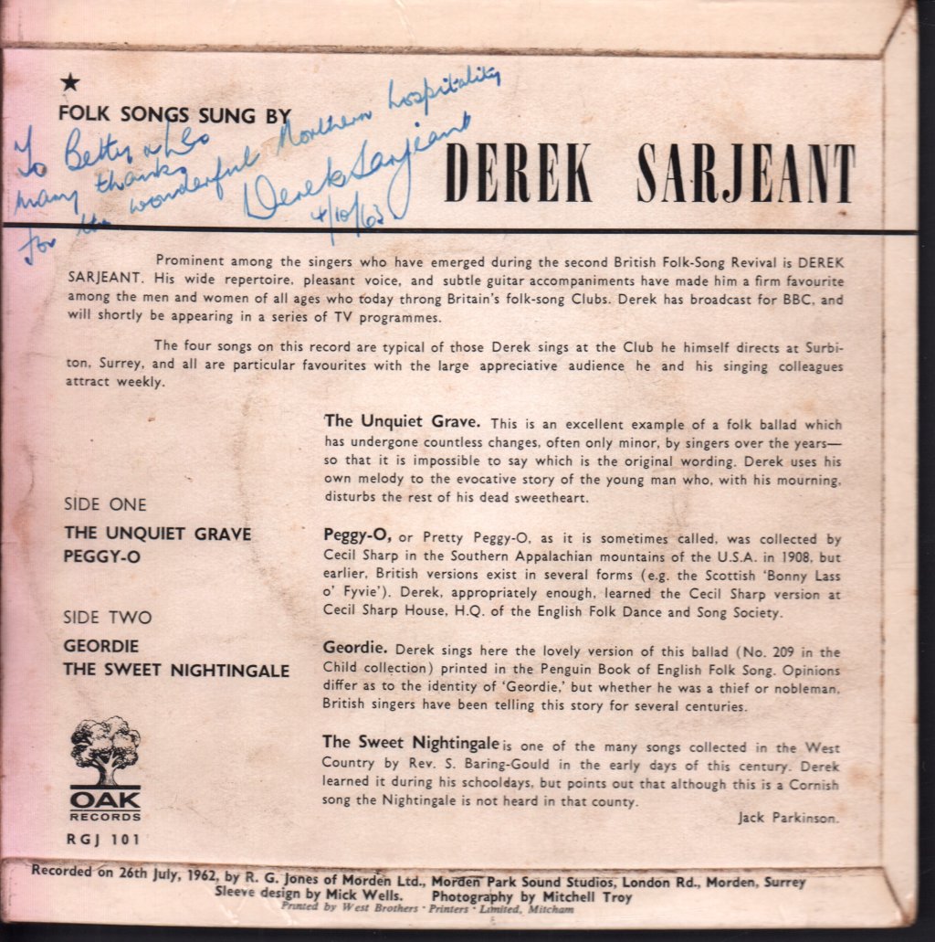 Derek Sarjeant - Folk Songs Sung By Derek Sarjeant - 7 Inch