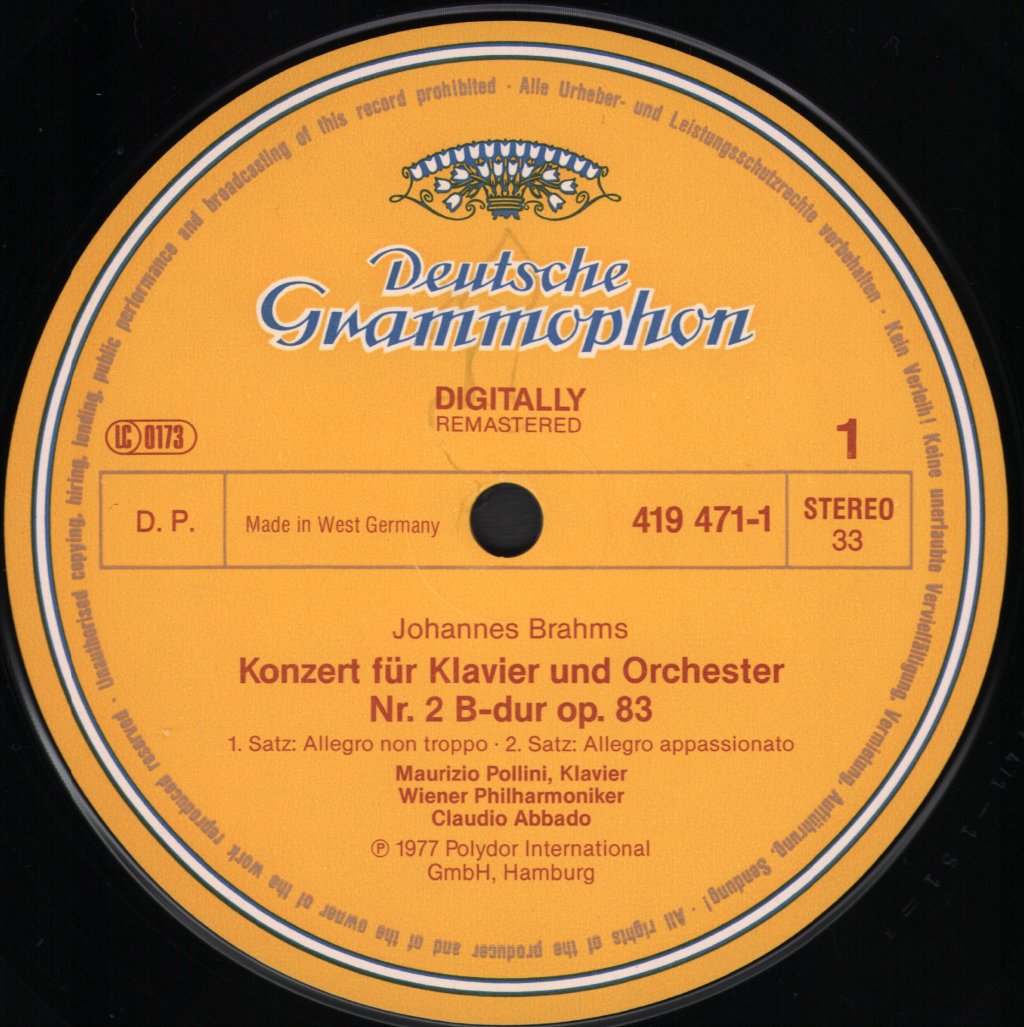 Maurizio Pollini / Claudio Abbado / Vienna Philharmonic Orchestra - Johannes Brahms - Piano Concerto No. 2 - Lp