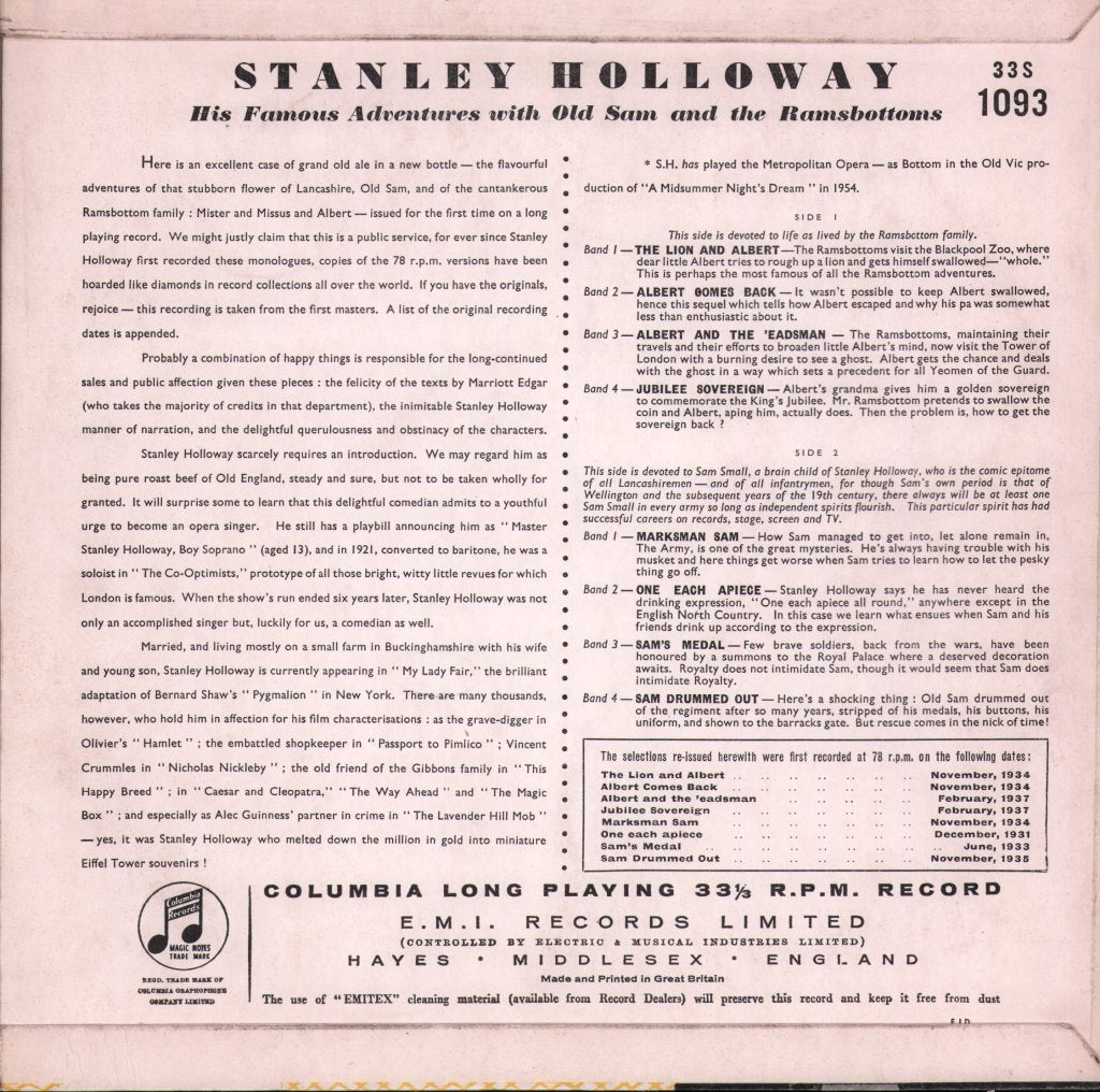 Stanley Holloway - His Famous Adventures With Old Sam & The Ramsbottoms - 10 Inch