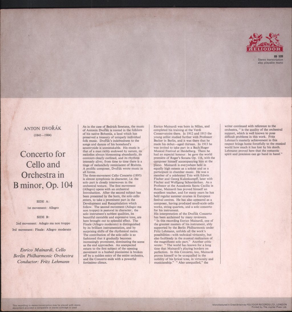 Enrico Mainardi / Fritz Lehmann / Berlin Philharmonic - Antonin Dvorak - Concerto For Cello And Orchestra - Lp