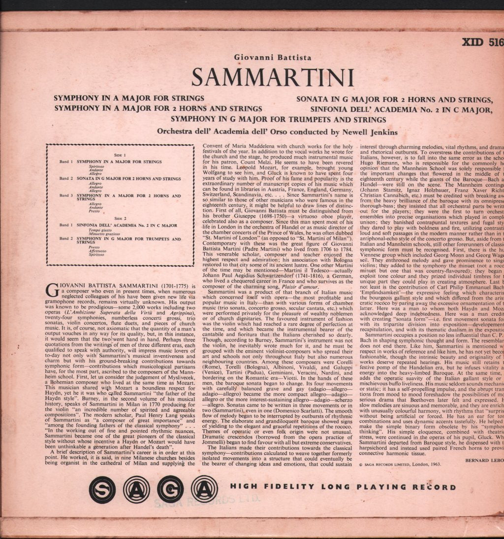 Newell Jenkins / Orchestra Dell' Academia Dell' Orso - Sammartini - Symphony In A Major For Strings / Sonata - Lp