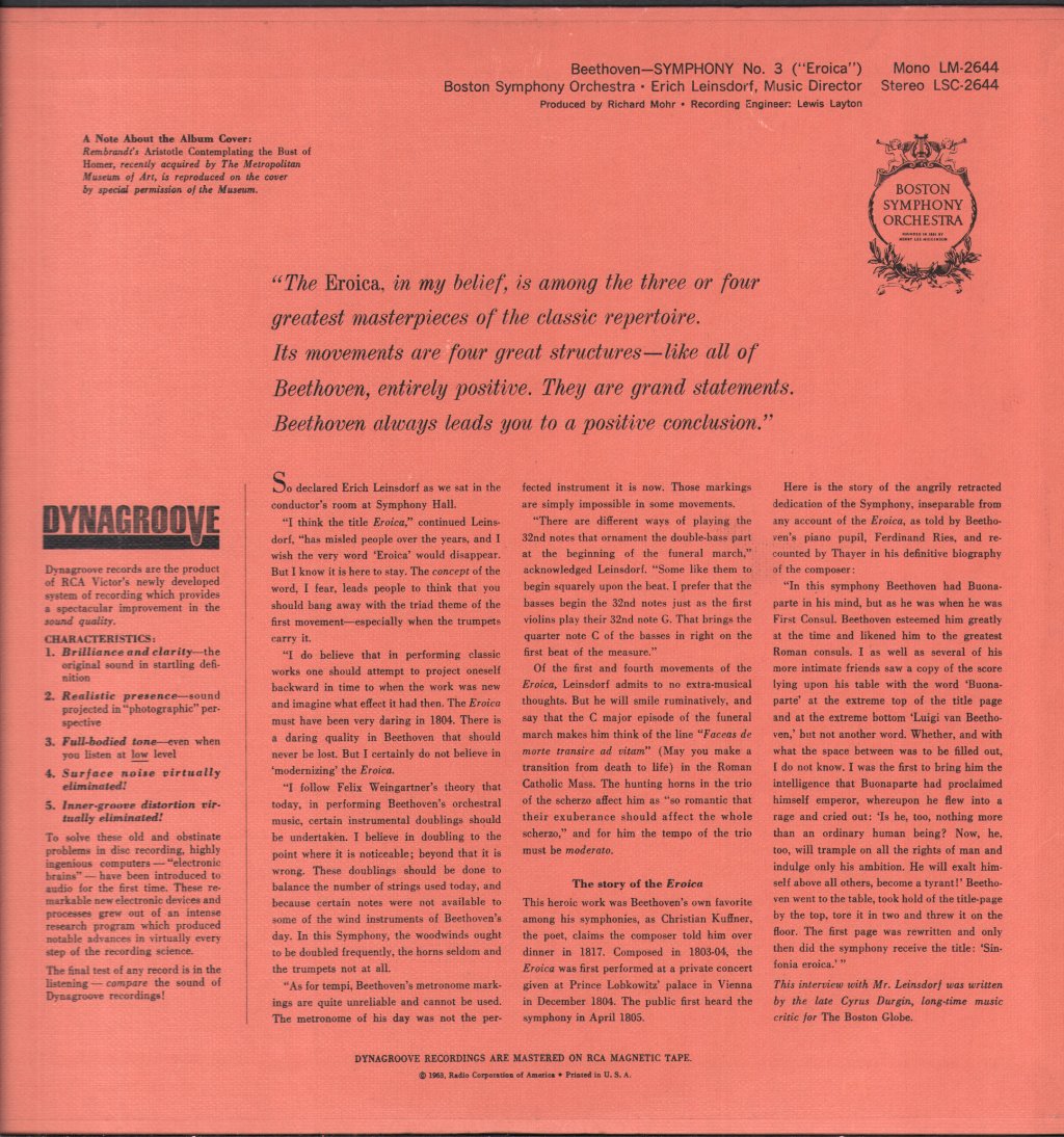 Erich Leinsdorf / Boston Symphony Orchestra - Beethoven - "Eroica" Symphony - Lp