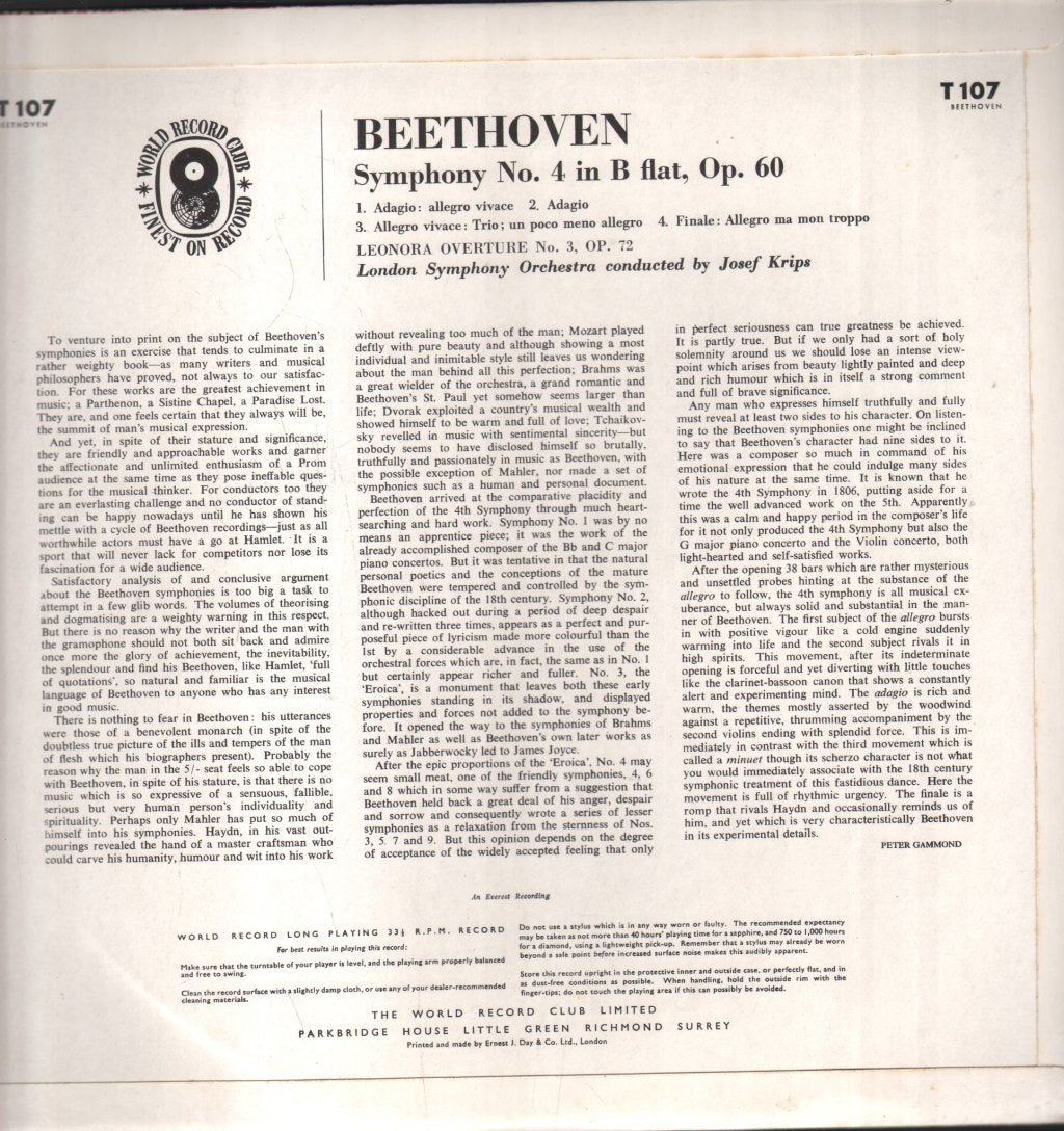 Josef Krips / London Symphony Orchestra - Beethoven - Symphony No. 4 In B-flat, Op. 60 - Lp