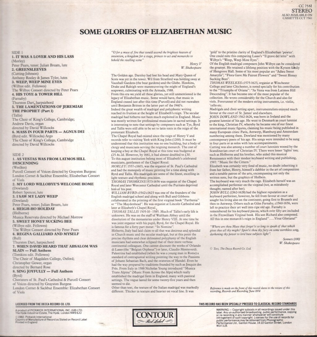 Various Artists - Some Glories Of Elizabethan Music - Lp