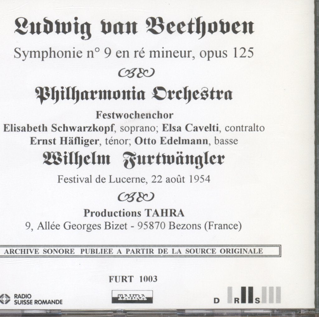 Wilhelm Furtwängler, Philharmonia Orchestra - Beethoven - Symphonie Nº 9 Lucerne, Philharmonia Orchestea - 22. VIII 1954 - Cd