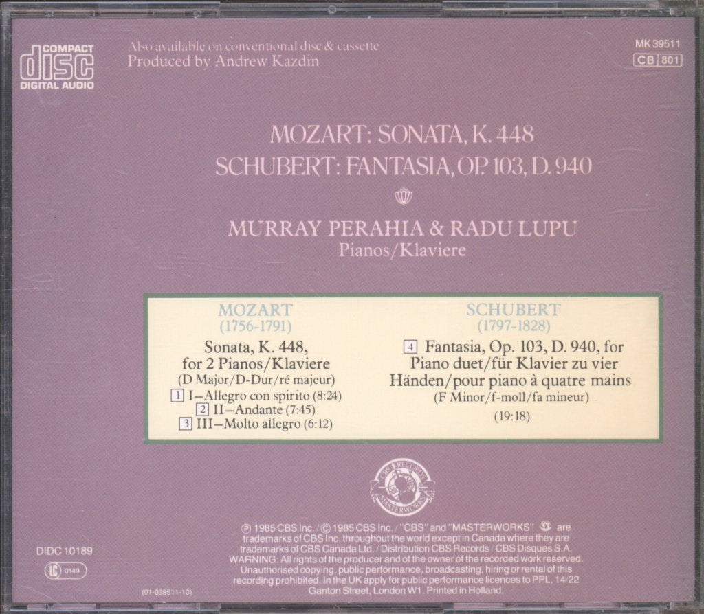 Murray Perahia • Radu Lupu - Mozart / Schubert - Sonata  K. 448 / Fantasia, Op.103, D 940 - Cd