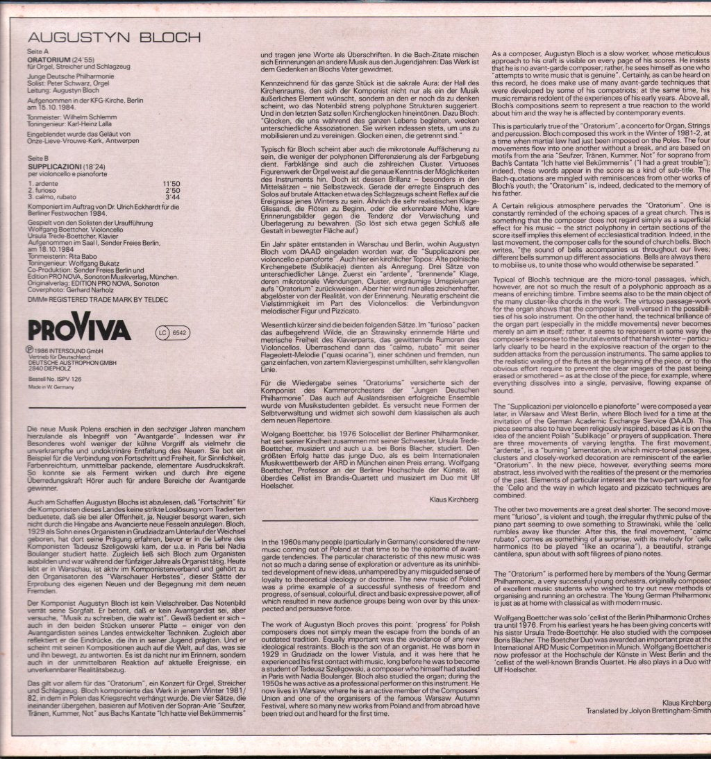 Peter Schwarz / Wolfgang Boettcher / Ursula Trede Boettcher - Augustyn Bloch - Oratorium / Suppliczioni - Lp