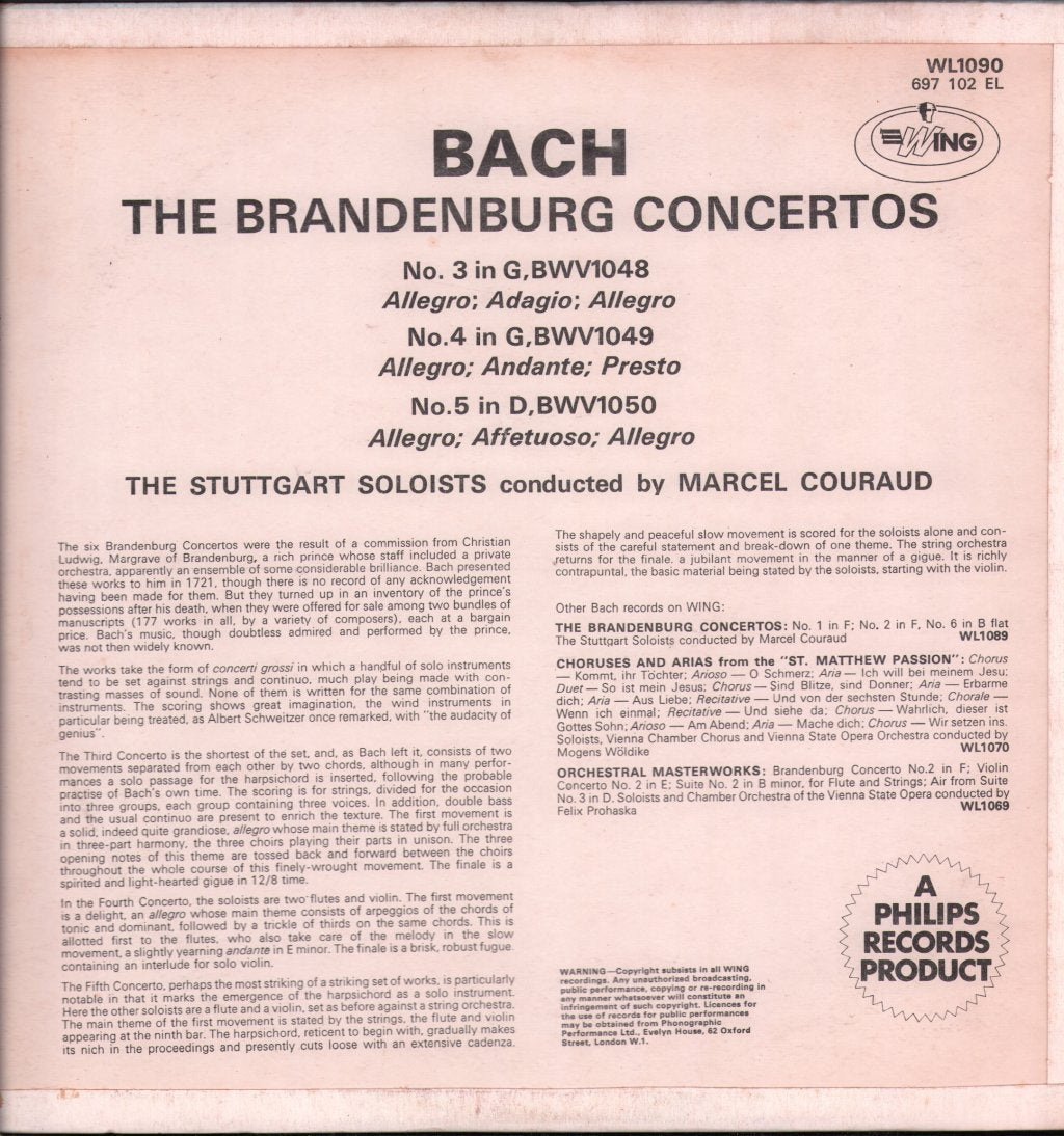 Stuttgart Soloists / Marcel Couraud - Bach - Brandenburg Concertos - Lp