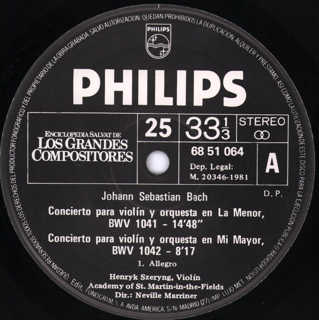Neville Marriner / Academy Of St. Martin In The Fields - J.S. Bach - Concertos de Violino, BWV 1041 e BWV 1042 - Lp