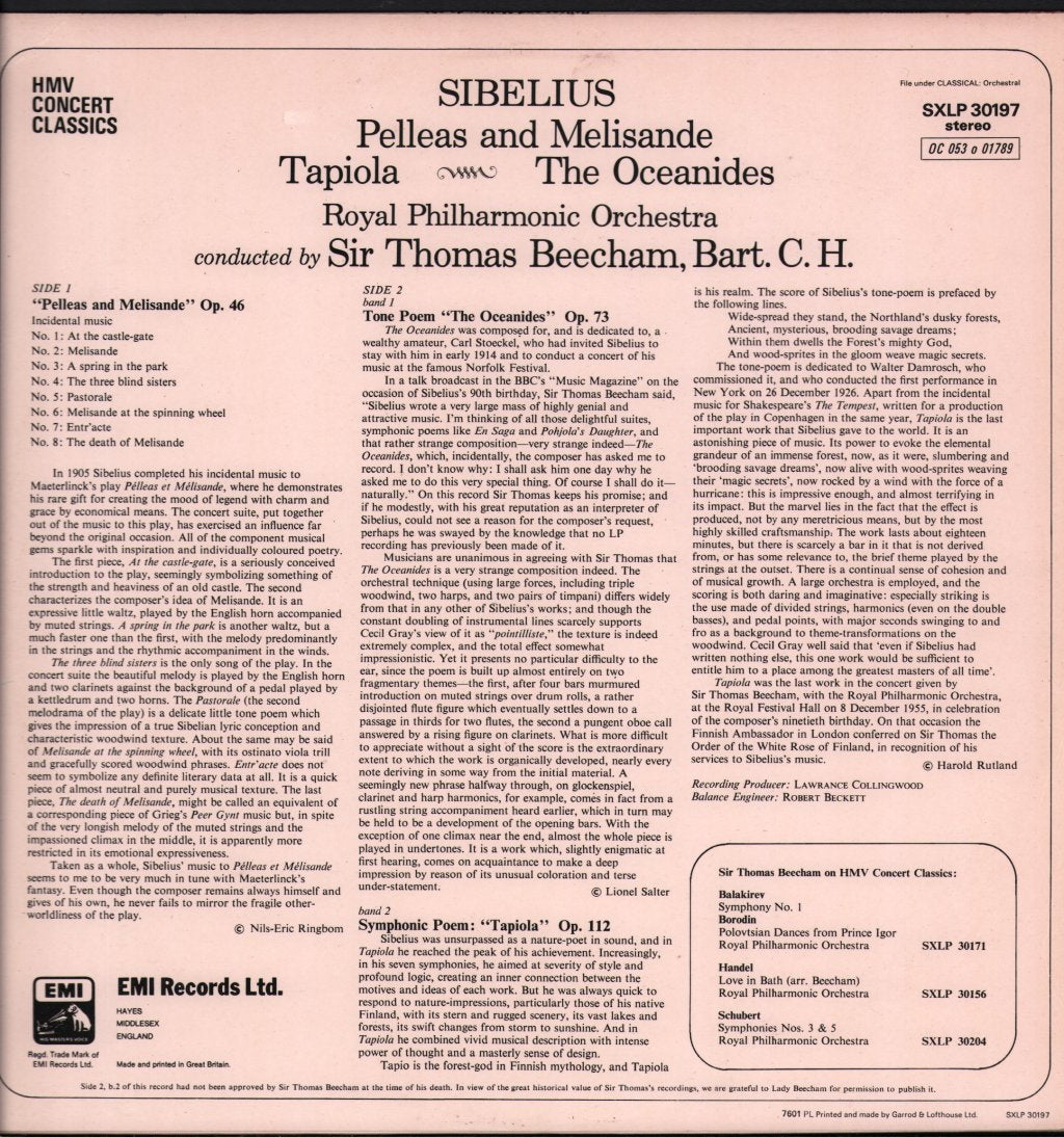 Sir Thomas Beecham / Royal Philharmonic Orchestra - Beecham Conducts Sibelius - Lp