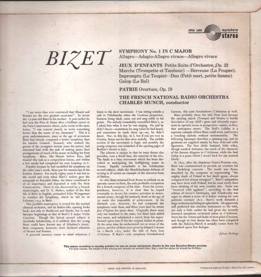 Charles Munch / French National Radio Orchestra - Bizet - Symphony In C - Lp
