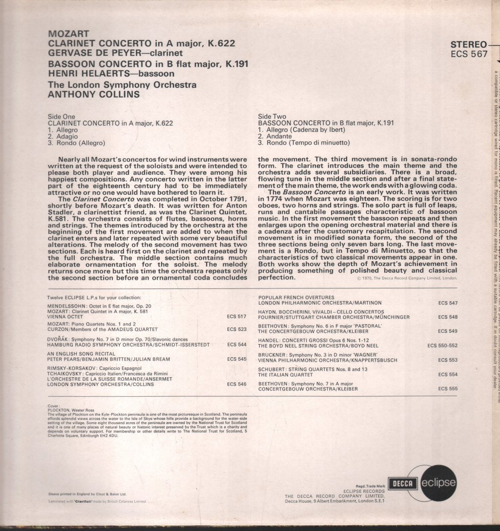 London Symphony Orchestra - Mozart Clarinet Concerto / Bassoon Concerto de peyer/helaerts - Lp
