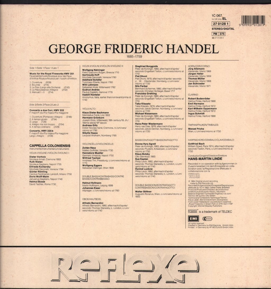 Cappella Coloniensis / Hans-Martin Linde - Handel - Music For The Royal Fireworks / Concerti A Due Cori In F / Concerto In F - Lp