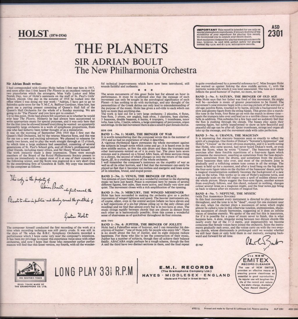 Sir Adrian Boult / New Philharmonia Orchestra - Holst The Planets - Lp