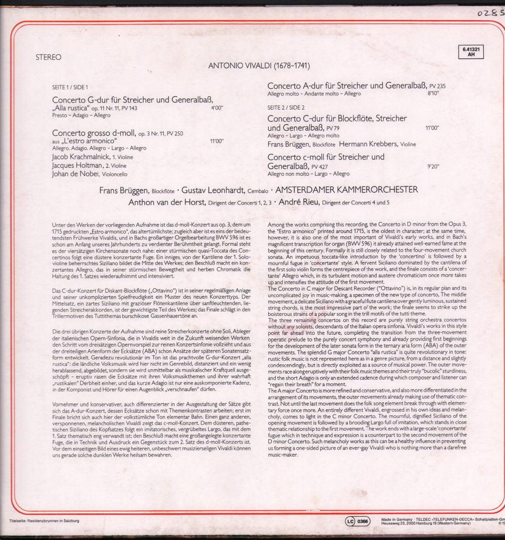 Hermann Krebbers / Frans Bruggen / Gustav Leonhardt - Antonio Vivaldi - Fünf Concerti - Lp