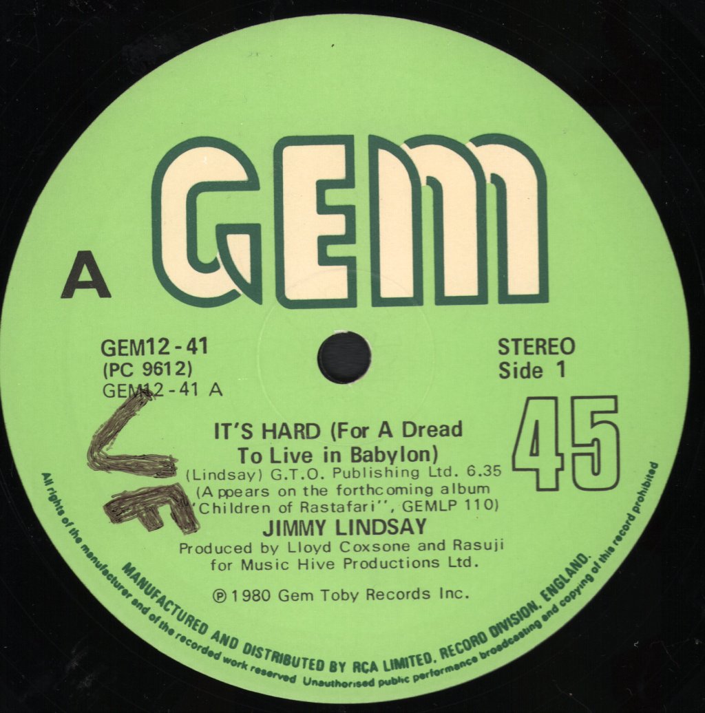 Jimmy Lindsay - It's Hard (For A Dread To Live In Babylon) - 12 Inch
