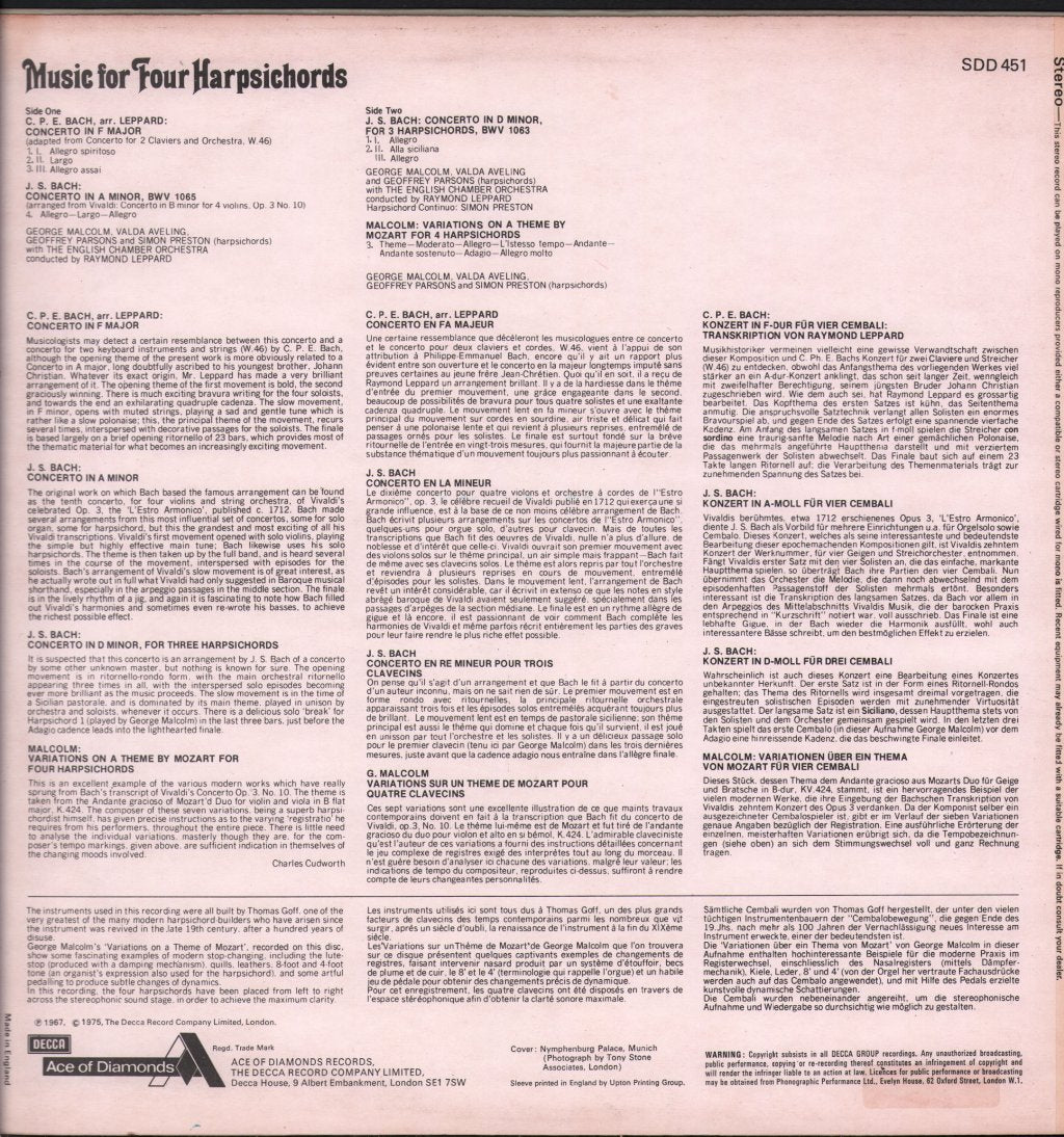 George Malcolm / Valda Aveling / Geoffrey Parsons / Simon Preston / Raymond Leppard / English Chamber Orchestra - Music For Four Harpsichords - Lp