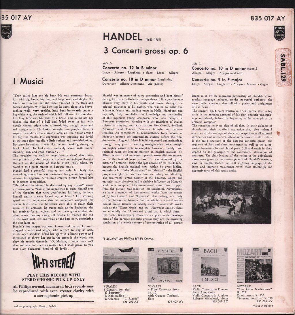 I Musici - Handel - 3 Concerti Grossi Op.6 - Lp