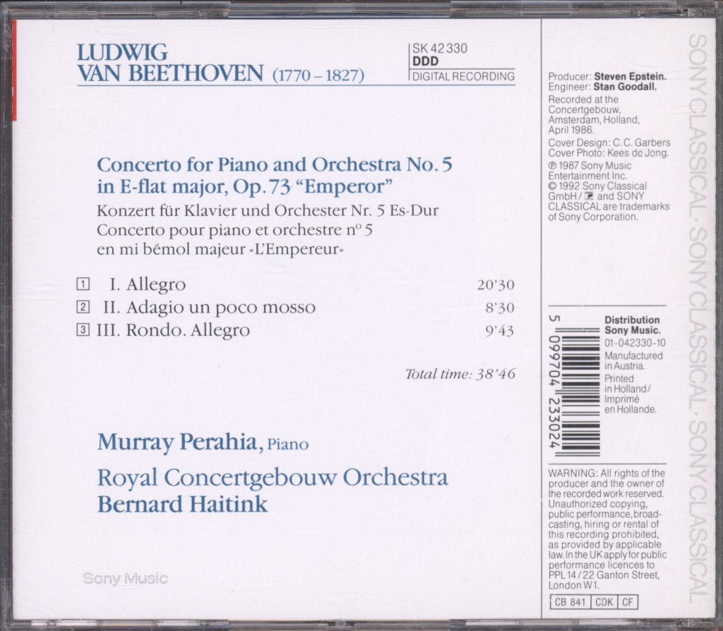 Murray Perahia, Concertgebouw Orchestra, Bernard Haitink - Beethoven - Piano Concerto No. 5 "Emperor" - Cd