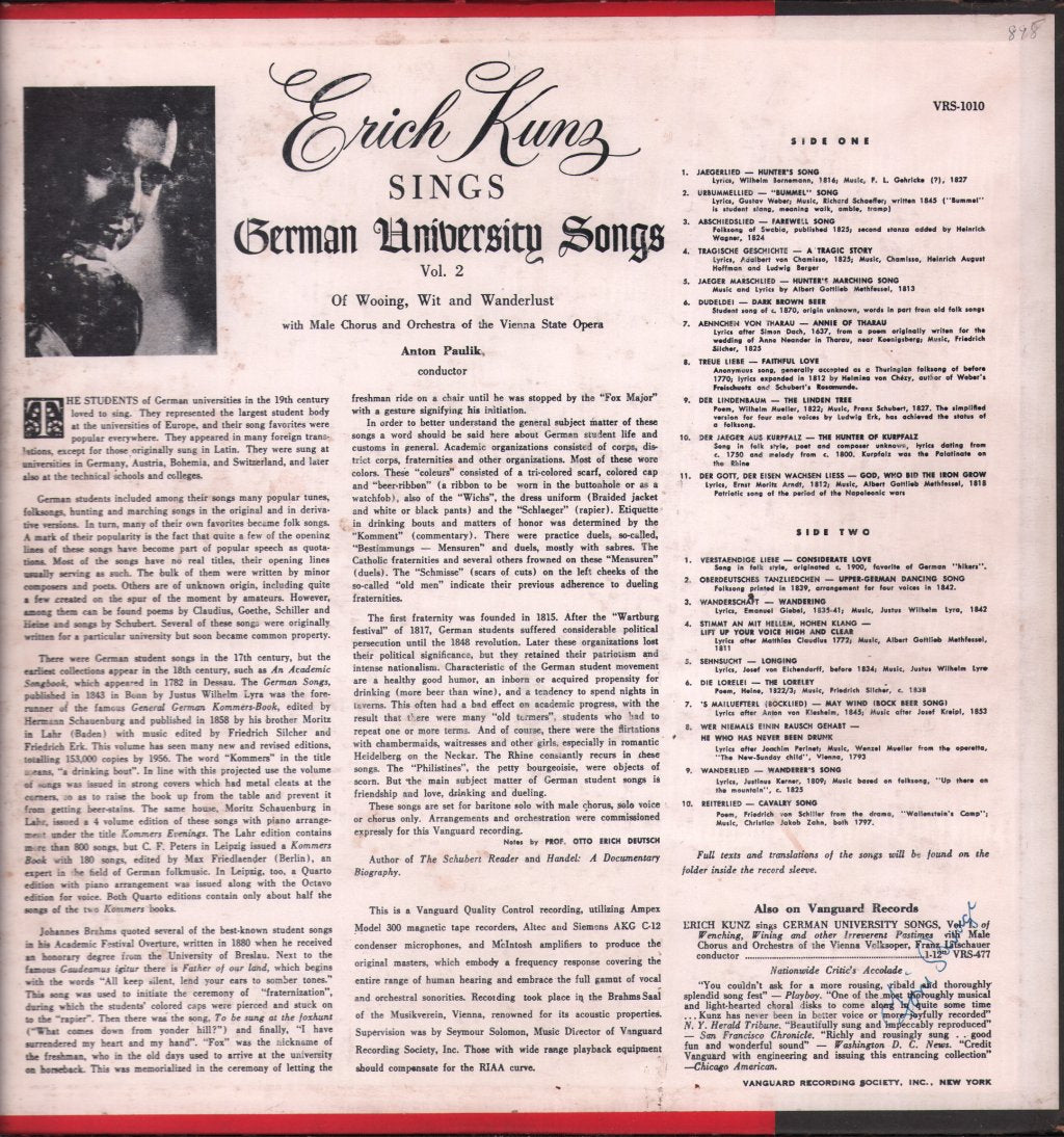 Erich Kunz - Erich Kunz Sings German University Songs Of Wooing, Wit And Wanderlust, Vol. 2 - Lp