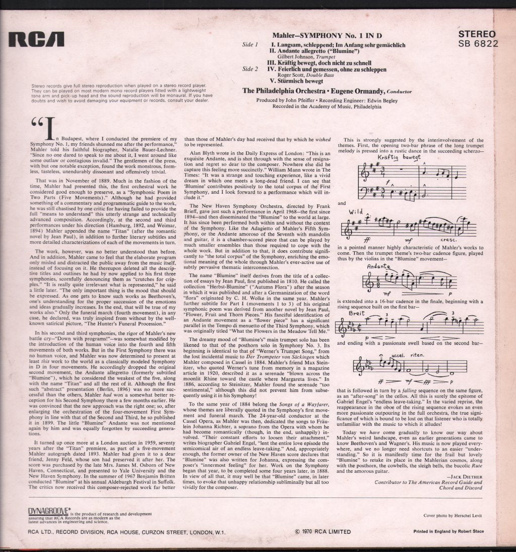Eugene Ormandy / Philadelphia Orchestra - Symphony No. 1:  With The Long-Lost Original Second Movement, "Blumine" (Flower Piece) - Lp