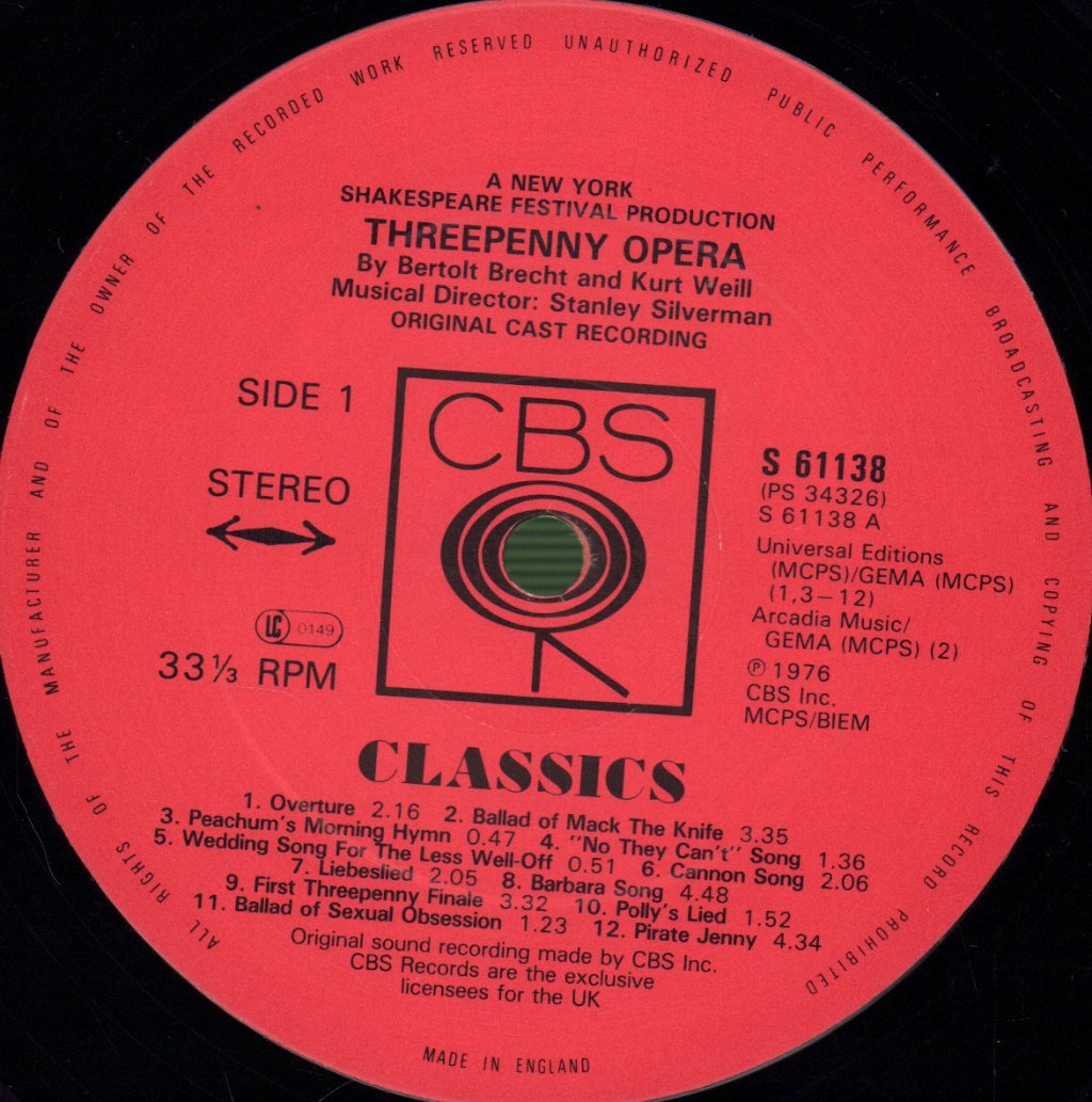 Kurt Weill And Bertolt Brecht - Threepenny Opera (Original Cast Recording) - Lp