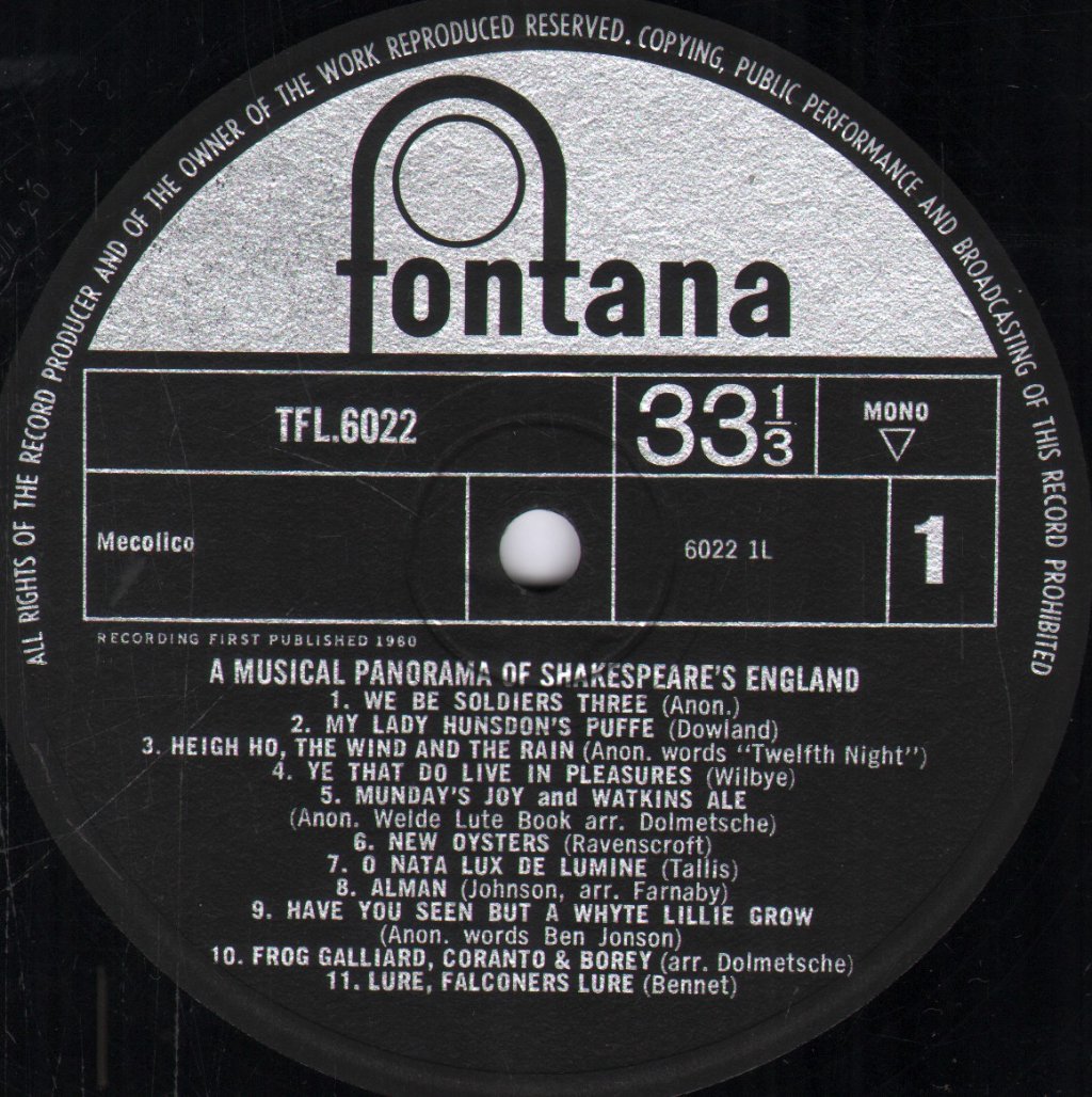 Alfred Deller And The Deller Consort - A Musical Panorama Of Shakespeare's England - Lp