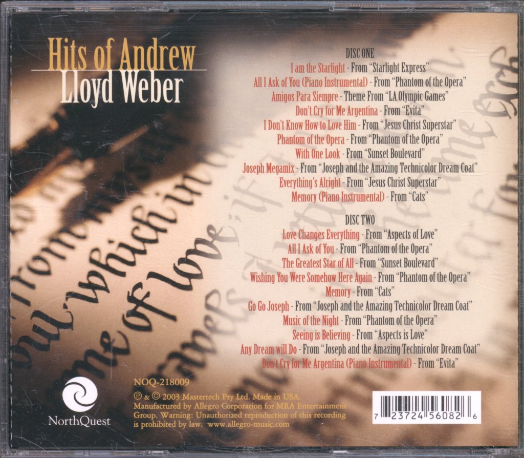 Various Artists - Hits Of Andrew Lloyd Weber - Double Cd