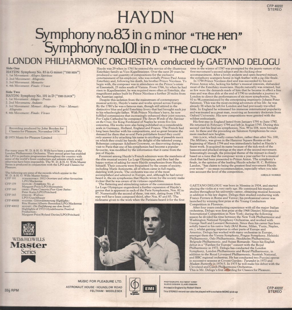 London Philharmonic Orchestra / Gaetano Cavalli - Haydn - Symphony No.83 In G Minor "The Hen" / Symphony No.101 In D 'The Clock.' - Lp