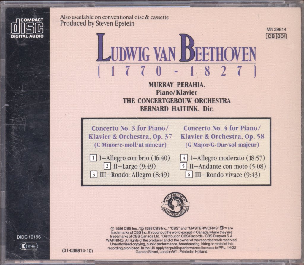Murray Perahia, Concertgebouw Orchestra, Bernard Haitink - Beethoven - Piano Concertos Nos. 3 & 4 - Cd
