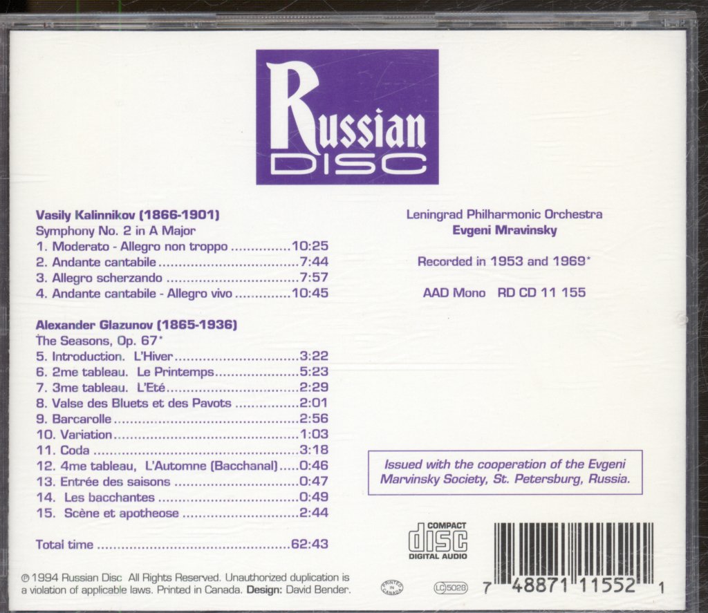 Evgeny Mravinsky, Leningrad Philharmonic Orchestra - Kalinnikov: Simphony No.2 / Glazunov: The Seasons - Cd