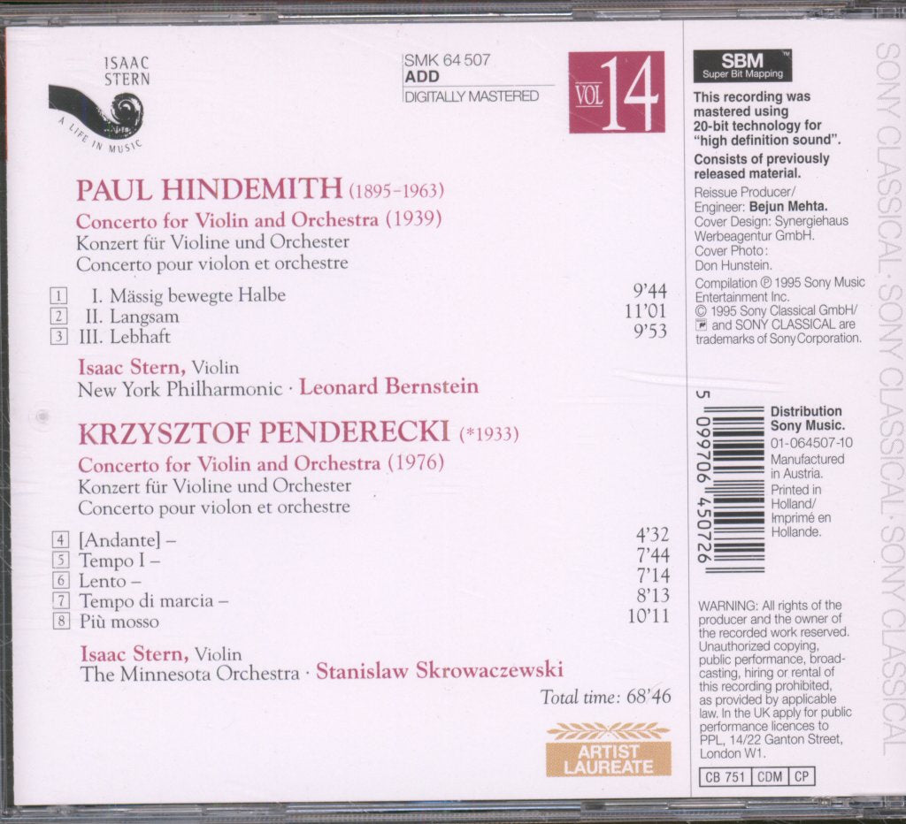 Isaac Stern, Leonard Bernstein, Stanislaw Skrowaczewski - Paul Hindemith, Krzysztof Penderecki - Violin Concertos - Cd