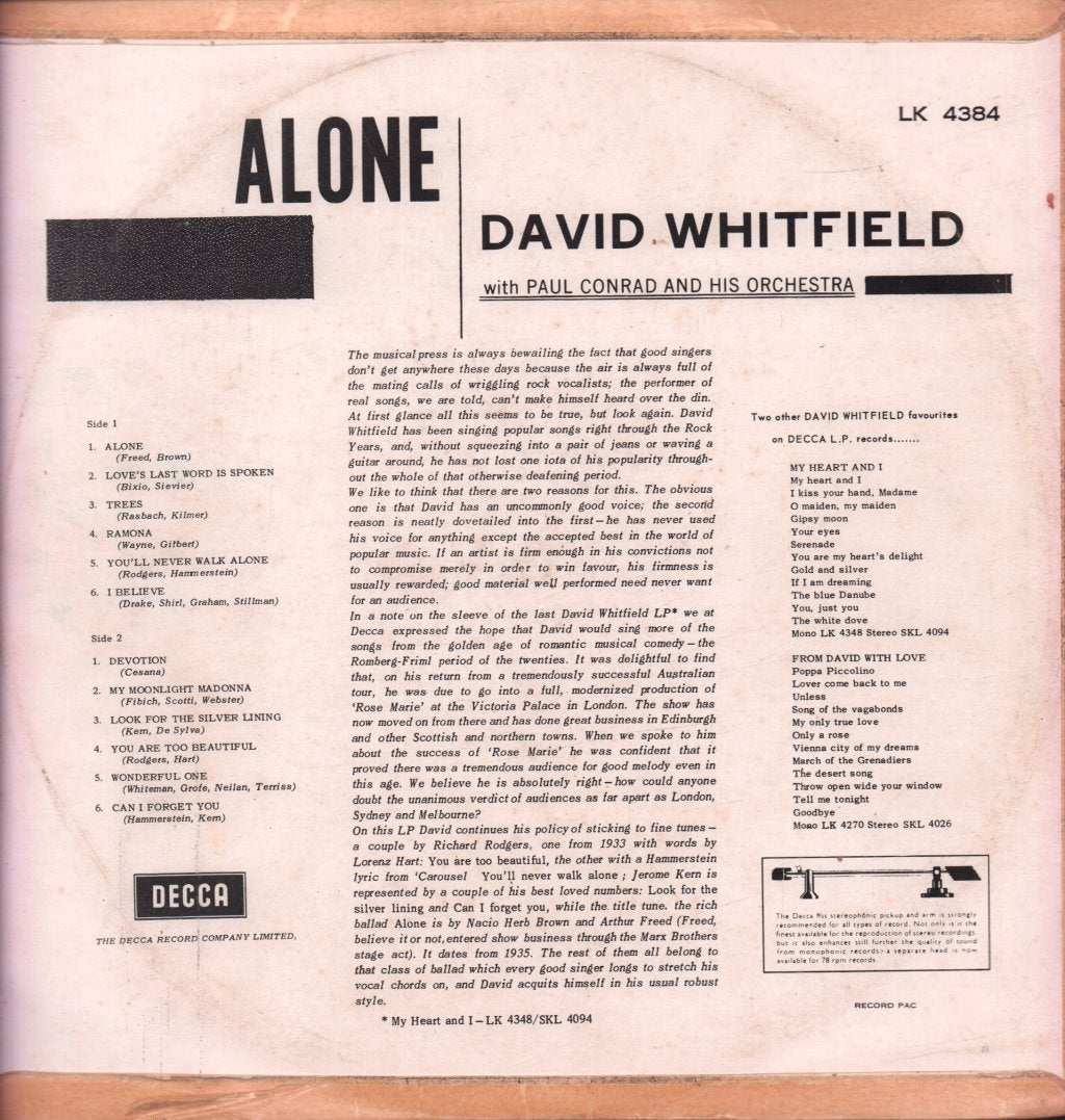 David Whitfield - Alone - Lp