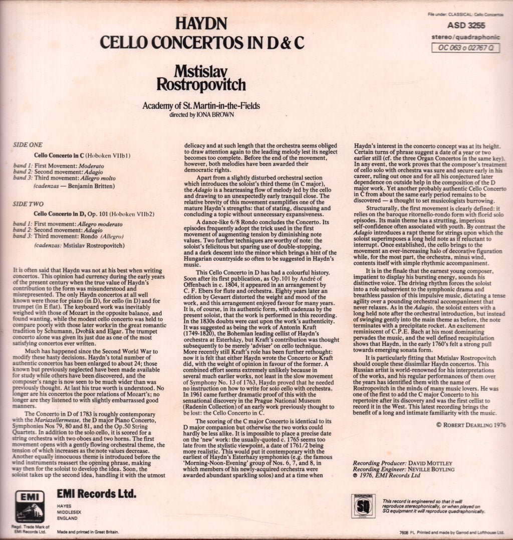 Mstislav Rostropovitch - Haydn Cello Concerto In D & C - Lp
