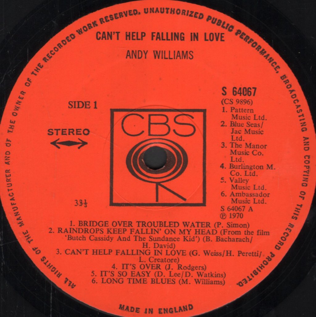 Andy Williams - Can't Help Falling In Love - Lp