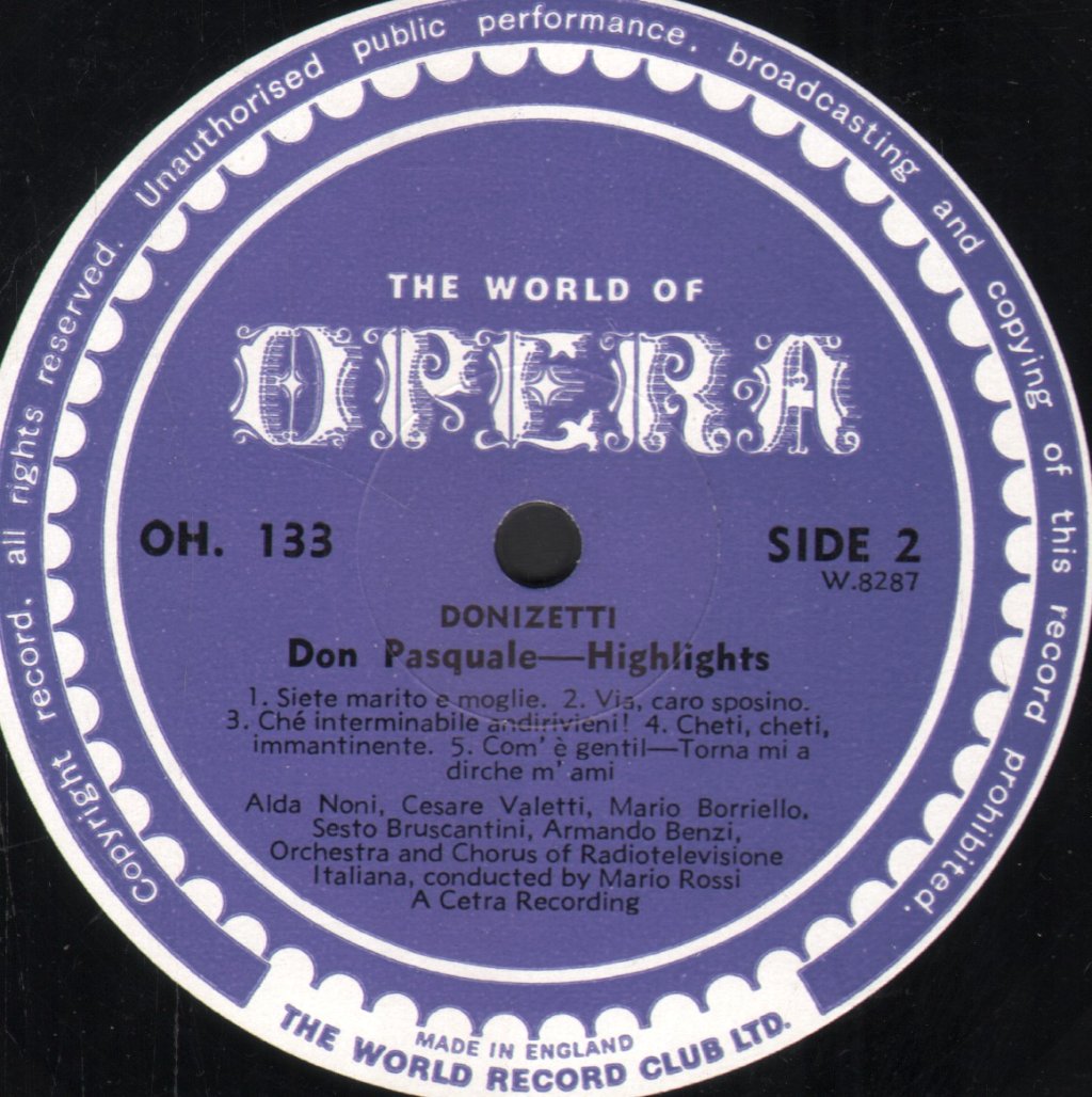 Italian Radio Orchestra / Mario Rossi / Alda Noni / Cesare Valletti / Armando Benzi - Donizetti - Don Pasquale Highlights - Lp