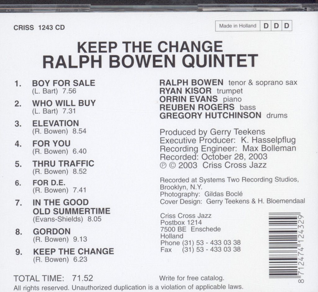 Ralph Bowen Quintet - Keep The Change - Cd