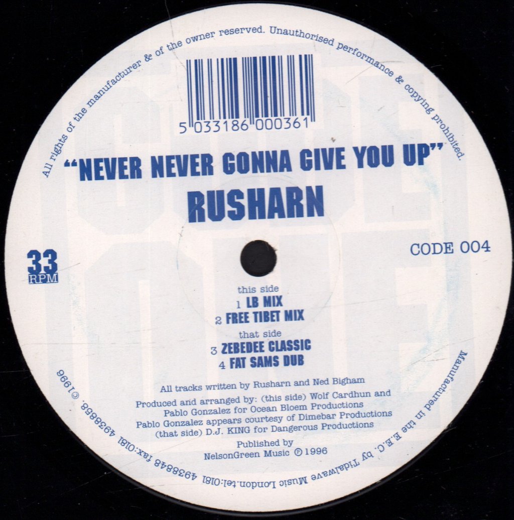 Rusharn - Never Never Gonna Give You Up - 12 Inch