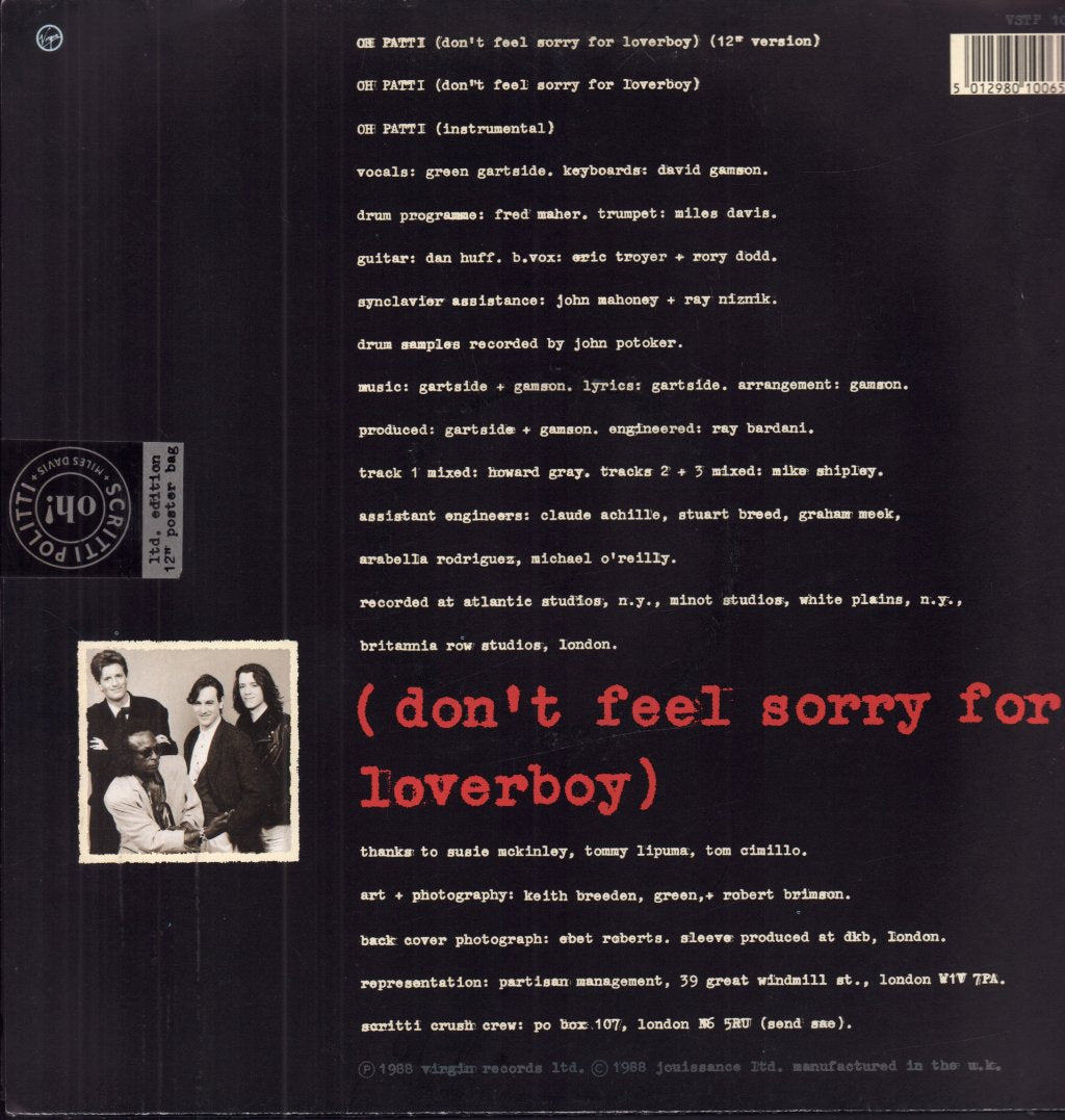 Scritti Politti - Oh Patti Don't Feel Sorry For Loverboy - 12 Inch
